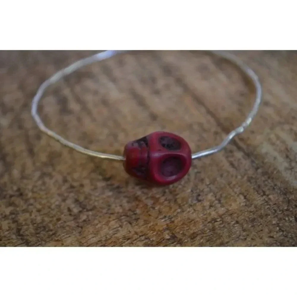 Vintage Red Skull  Bead on Sterling Silver Bangle - Picture 2 of 7